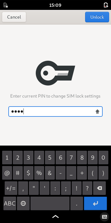 The SIM unlock page with the pin code entered