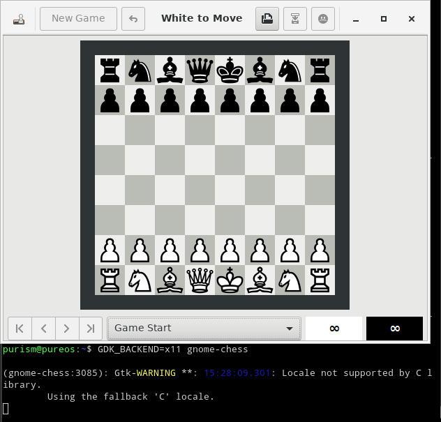 The GNOME Chess application running on the development board and shown on the workstation's display